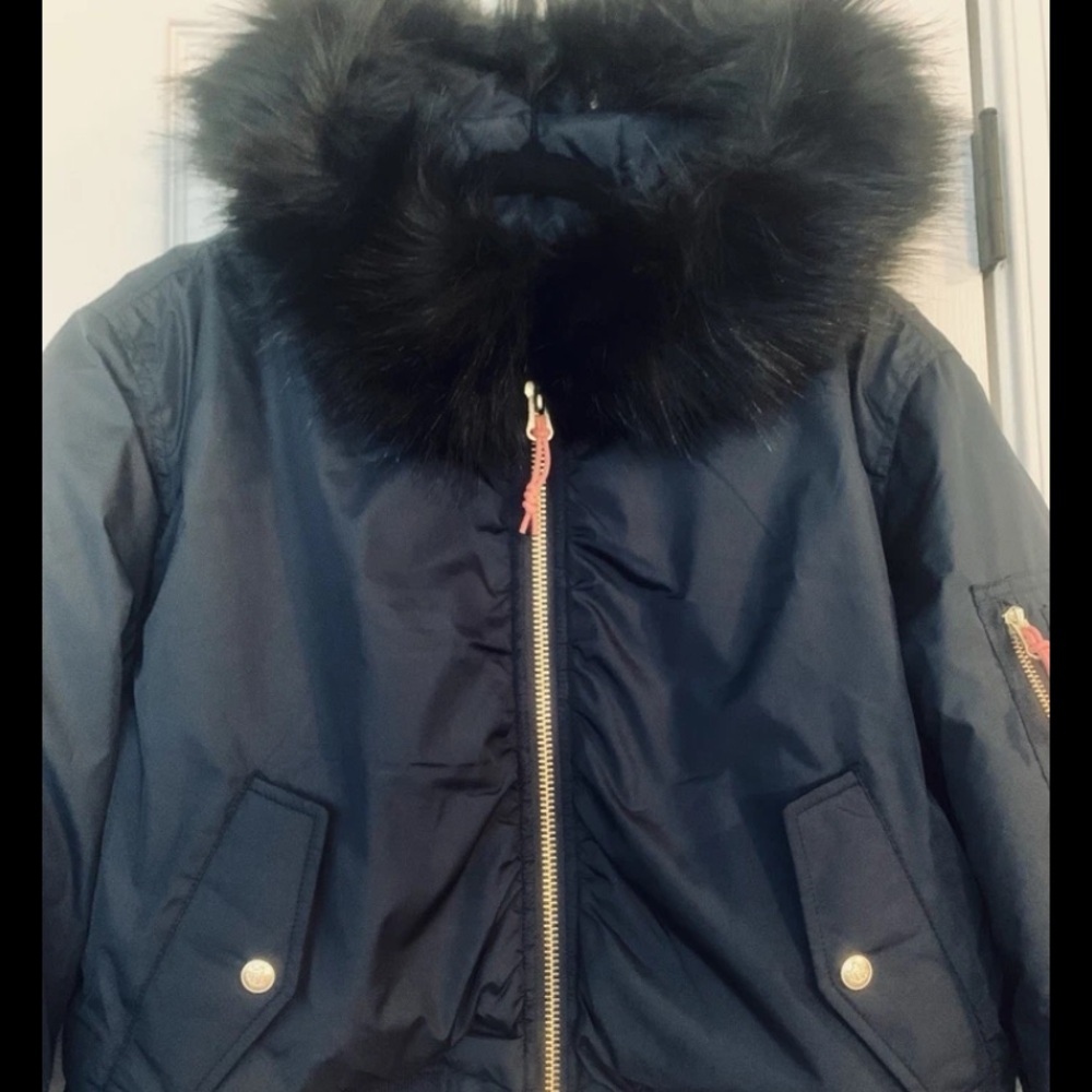 Women’s JCrew Signature Puffer, Navy, Hooded Fur Trim, Cropped, Primaloft, Sz M